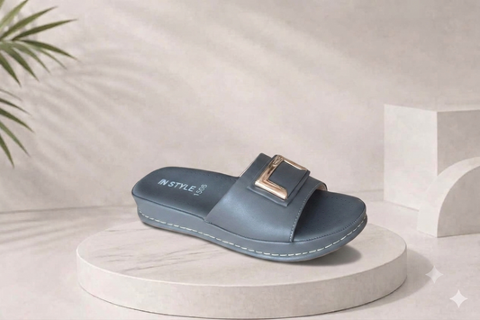 Women's Grey Comfort Slide Sandals with Gold Buckle