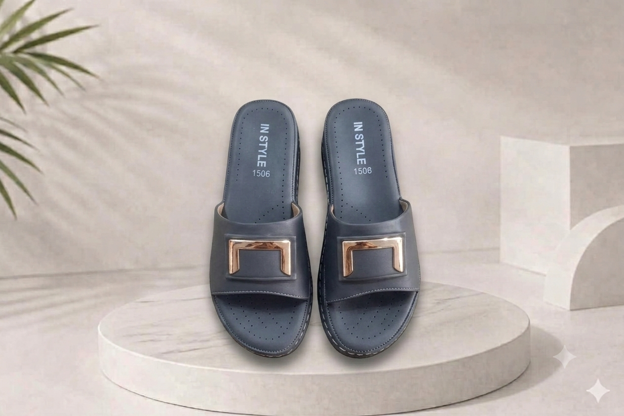 Women's Grey Comfort Slide Sandals with Gold Buckle