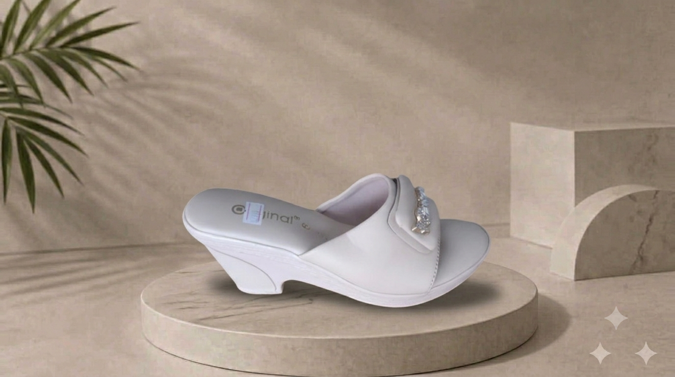Women's White Heeled Slide Sandals with Crystal Buckle