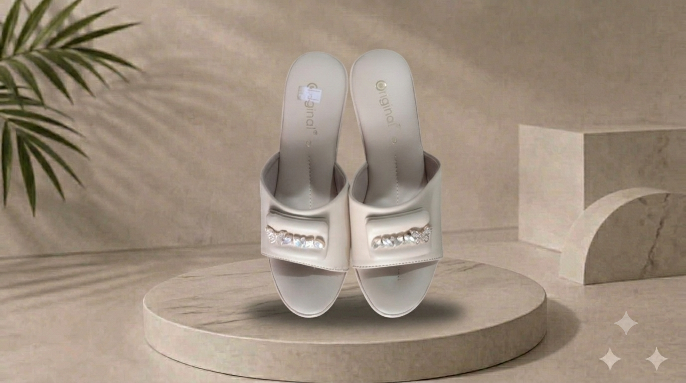 Women's White Heeled Slide Sandals with Crystal Buckle