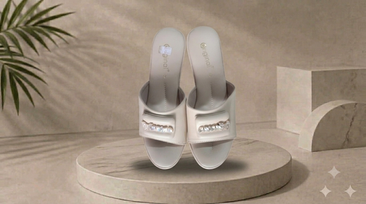 Women's White Heeled Slide Sandals with Crystal Buckle