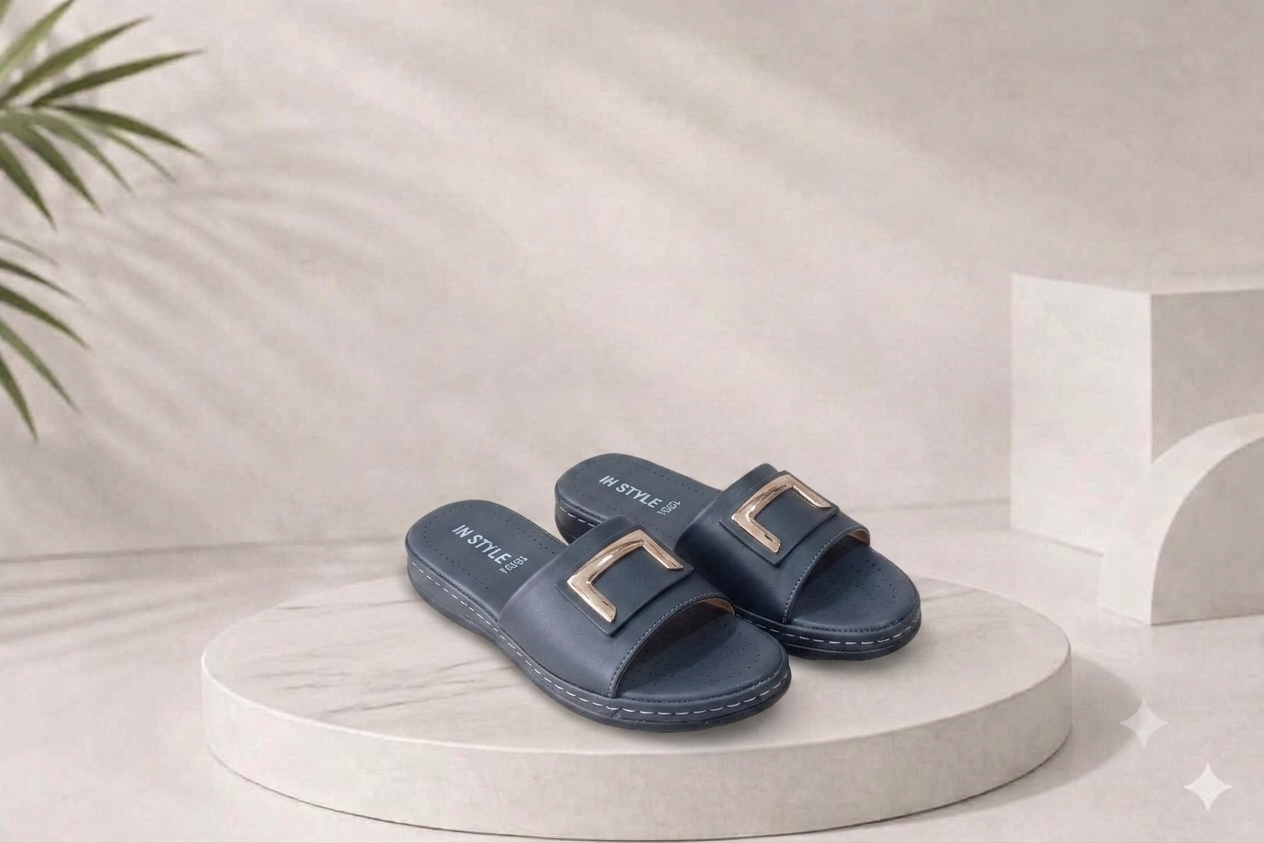Women's Grey Comfort Slide Sandals with Gold Buckle